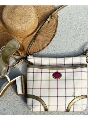 Coach Peyton Tattersall Plaid Crossbody Bag Cream Gold Pink Medallion Y2K